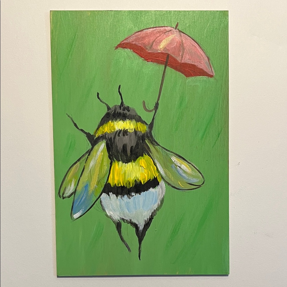 Colorful Bee Art on Green Canvas - Picture 4 of 4